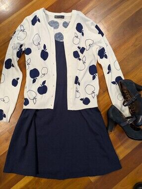 Women's White Cardigan with Navy Apple Print